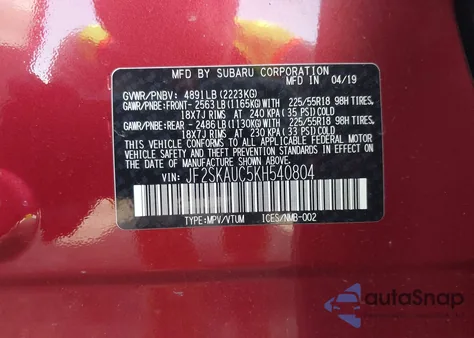 2019 Subaru Forester Limited from USA, damaged, VIN JF2SKAUC5KH540804